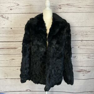 Curly Top Rabbit Fur Coat Womens‎ Medium Black Pockets Lined Chic Regal